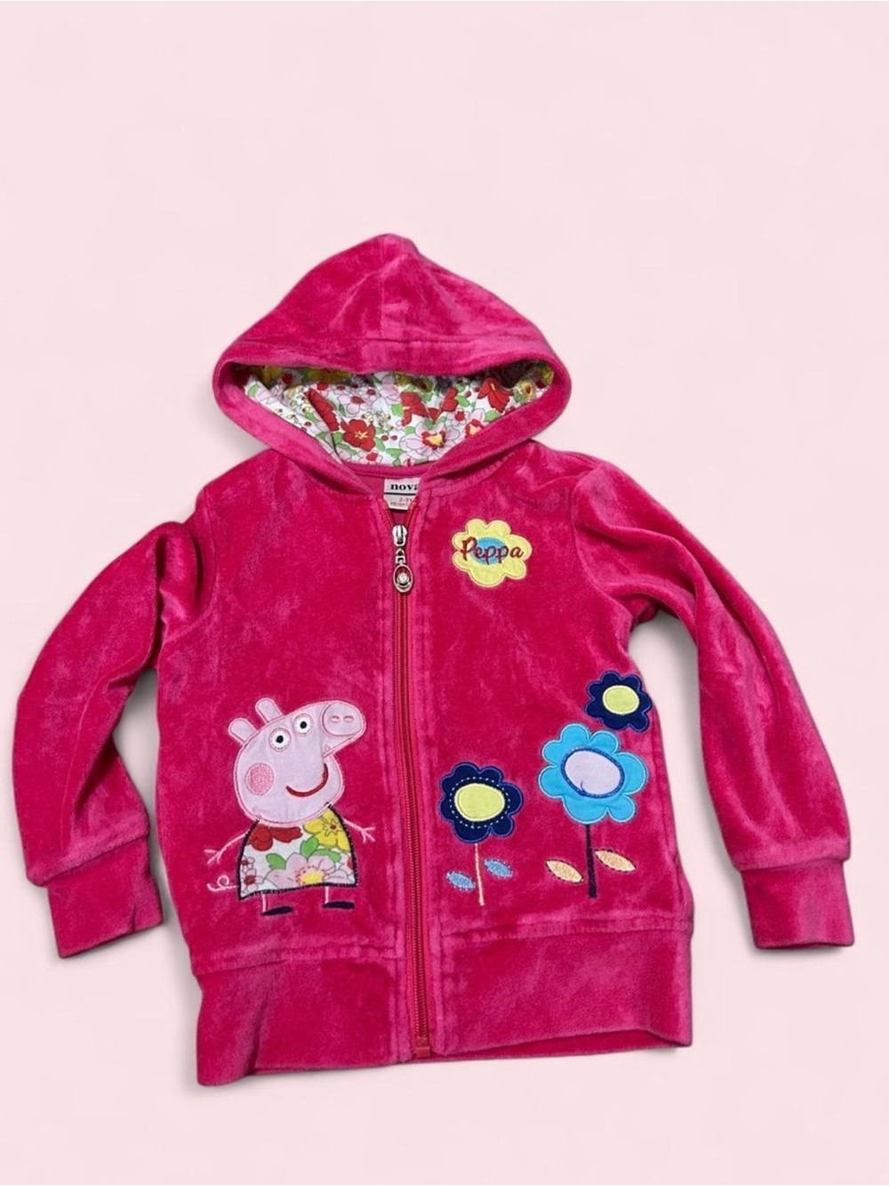 RARE Peppa Pig Hot Pink Hooded Zip Sweatshirt with Floral Appliques